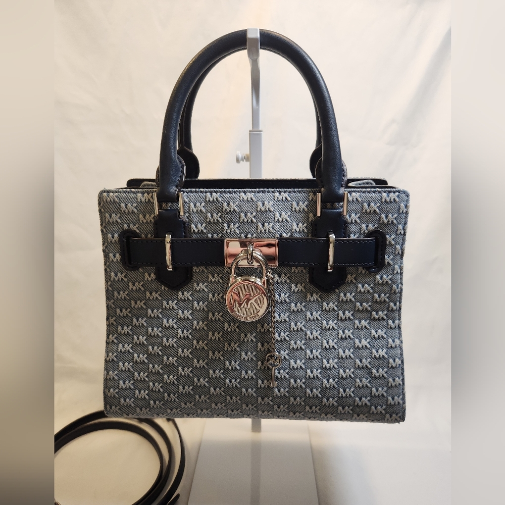 Michael Kors Hamilton Small Logo Embossed Washed Denim Satchel